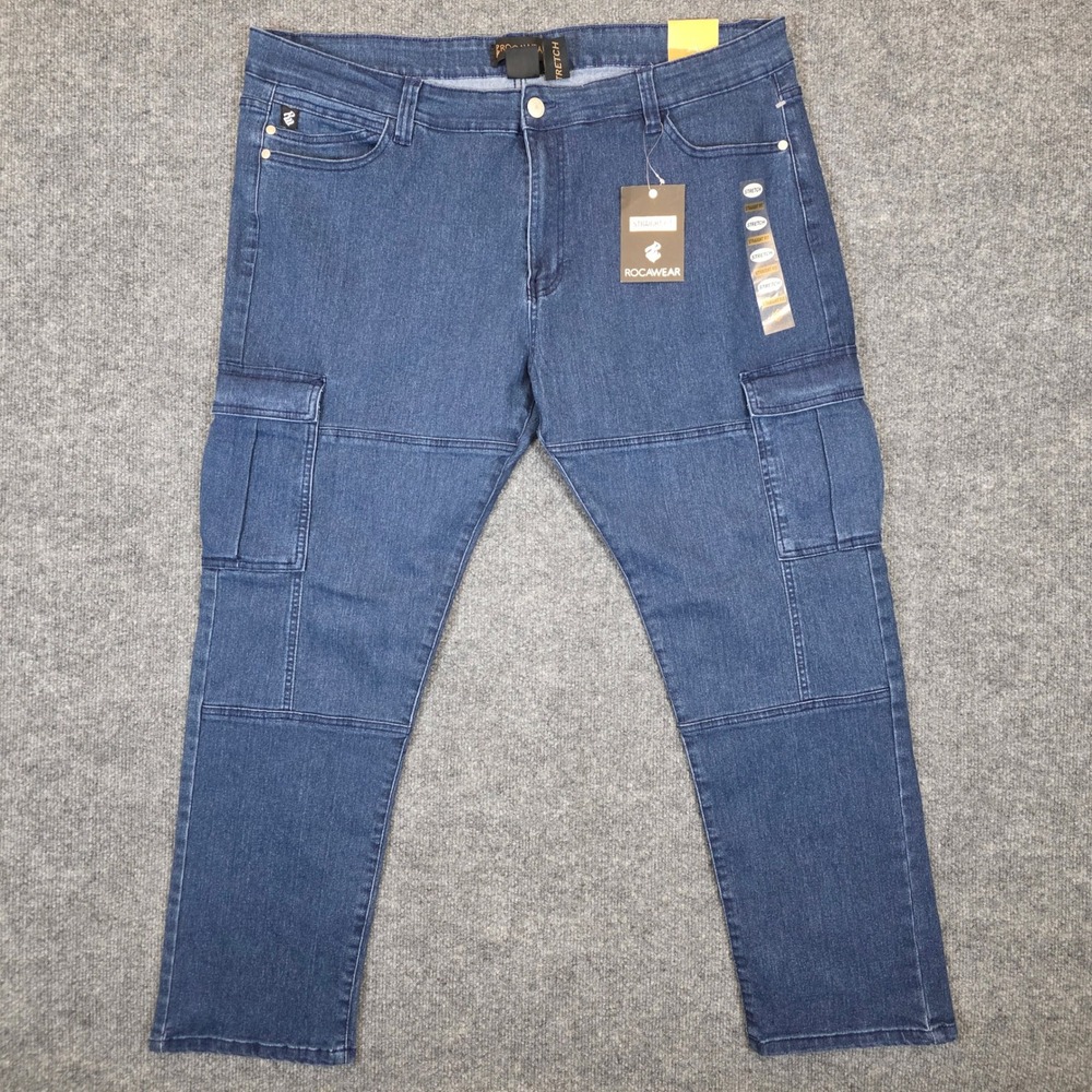 Rocawear Cargo Jeans Mens 46x30 Blue Straight Fit Stretch Denim Pants NWT